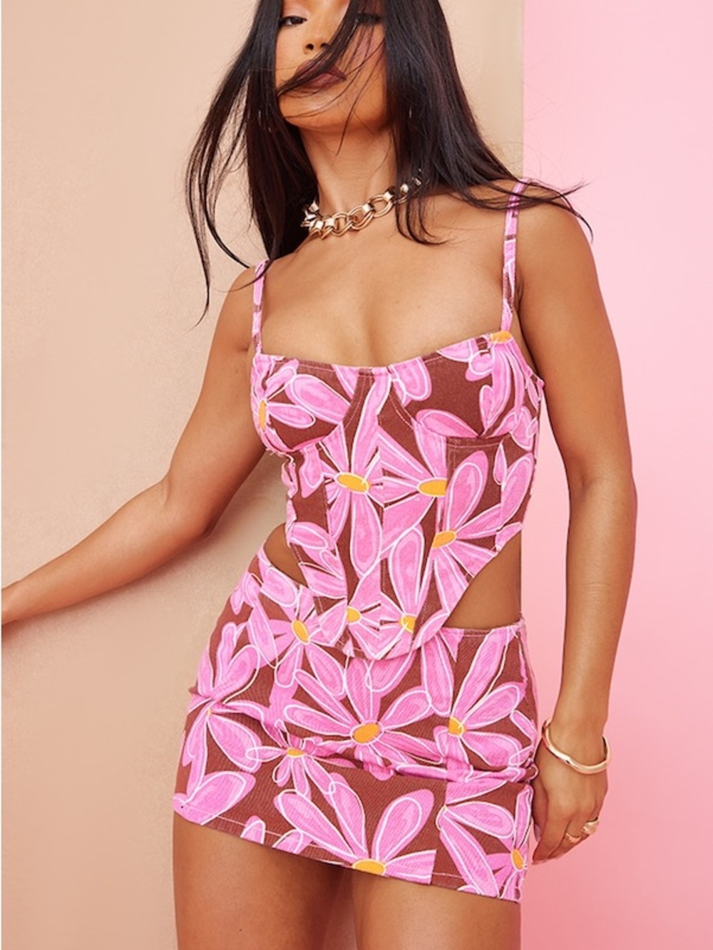 PrettyLittleThing Pink Floral Cutout Mini Dress with Yellow Accents